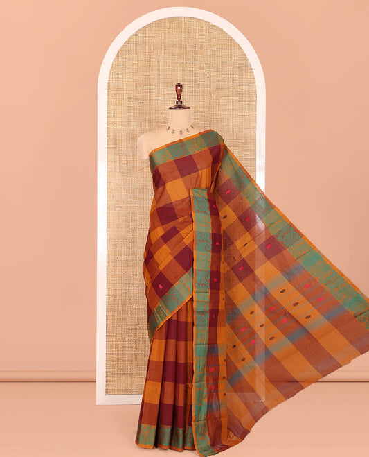 Mustard-Wine Checked Chettinad Cotton Saree, Subtly Woven with Buttas, a Subtle Floral-Chakram Border, and a Matching Blouse