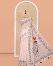 Cream Plain Linen Cotton Saree, a Dog Pow Printed Zari Border, Dog Motif Printed Pallu and a Matching Blouse