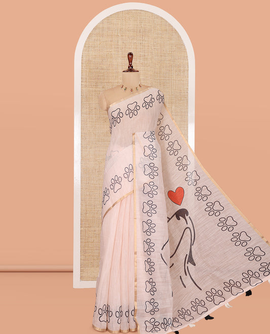 Cream Plain Linen Cotton Saree, a Dog Pow Printed Zari Border, Dog Motif Printed Pallu and a Matching Blouse