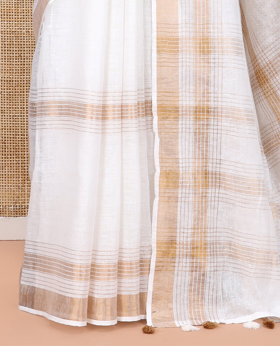 White Linen Saree, Subtly Sparkled with Stripes, a Subtle Zari Border, Striped Pallu, and a Matching Blouse