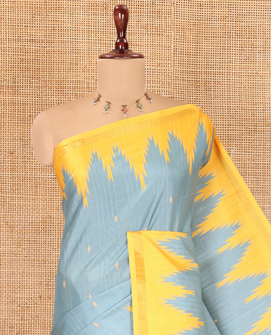 Teal Green Katan Silk Saree Features Buttas, Complemented by Contrast Temple Zari Border, Striped Pallu, and a Contrast Blouse