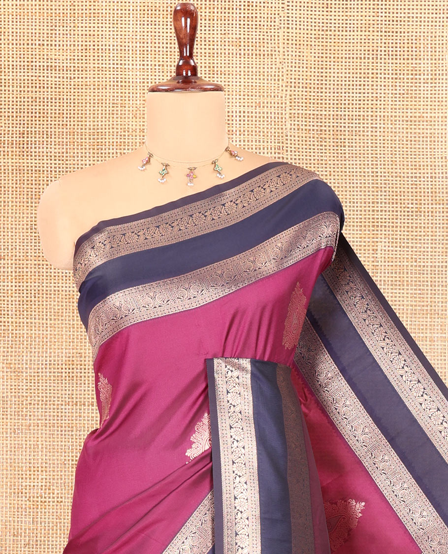 Purple Elite Soft Silksaree Features Buttas, Contrast Rettai Pettu Border, Paisley Pallu, Contrast Blouse