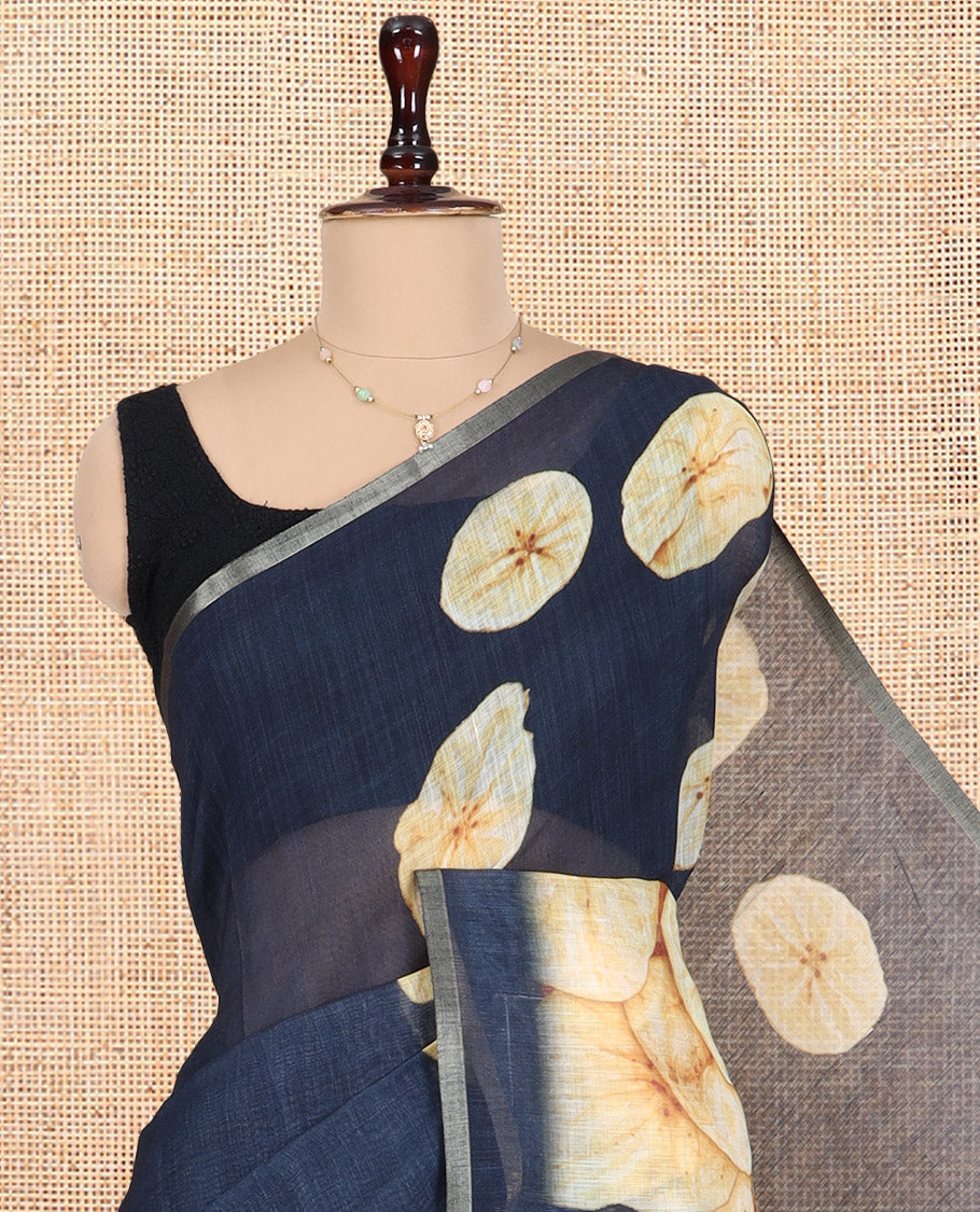 Borderless Elephant Grey Nentharanga Chips Printed Chanderi Cotton Saree, a Piping Border, Matching Blouse