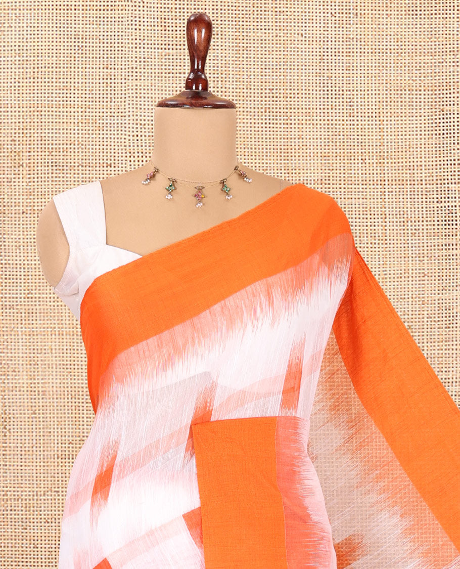 White-Orange Khadi Cotton Saree, Woven with Ikat Buttas, Contrast Blouse, Ikat Pallu, Matching Blouse