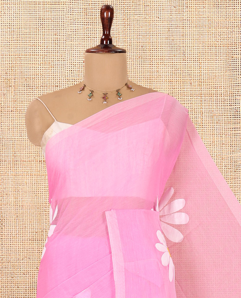 Borderless Pink Daisy Flower Printed Khadi Mul Cotton Saree Without Blouse