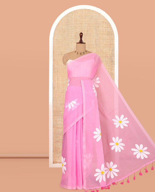 Borderless Pink Daisy Flower Printed Khadi Mul Cotton Saree Without Blouse