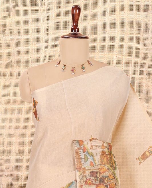 Gold Tissue Saree Features Kerala Culture and People Print, a Zari Border, Kerala-Theme Pallu, and Matching Blouse