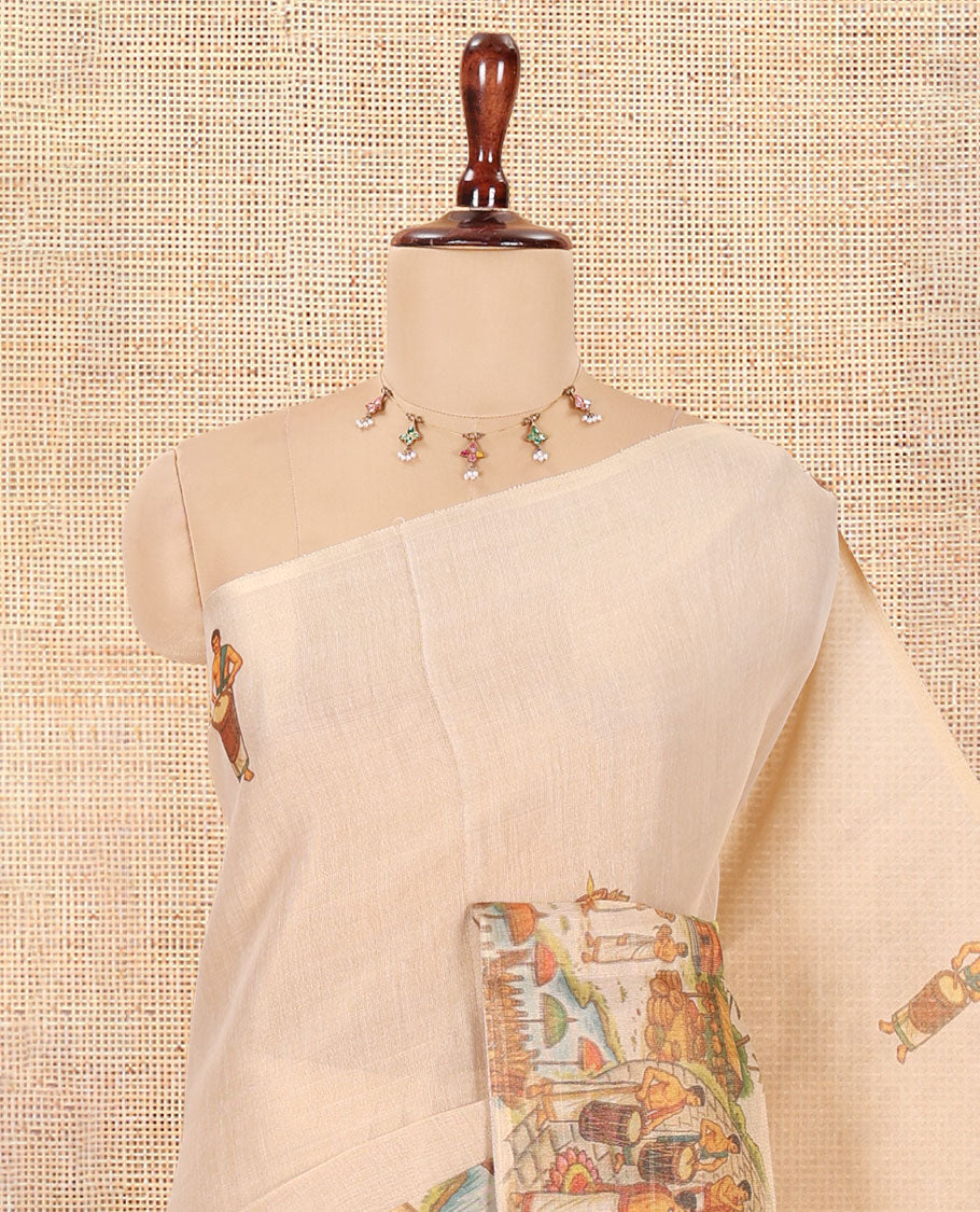 Gold Tissue Saree Features Kerala Culture and People Print, a Zari Border, Kerala-Theme Pallu, and Matching Blouse