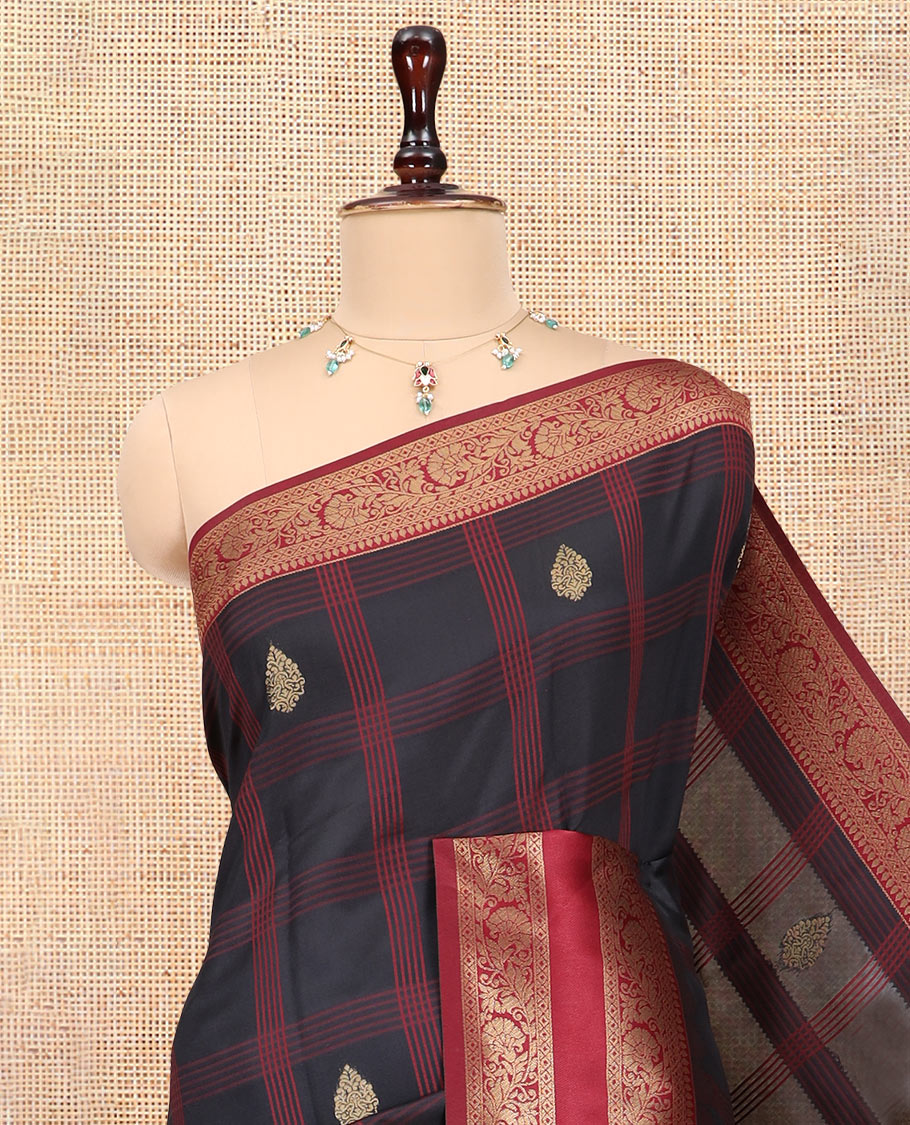 Black Art Kanchi Silk Saree Features Butta Enclosed Checks, a Contrast Temple Rettai Pettu Border, Grand Pallu, and a Contrast Blouse