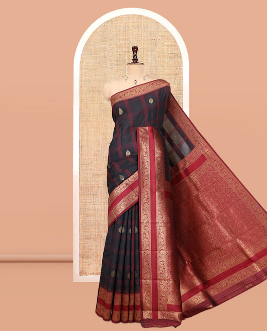 Black Art Kanchi Silk Saree Features Butta Enclosed Checks, a Contrast Temple Rettai Pettu Border, Grand Pallu, and a Contrast Blouse