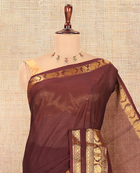 Coffee Brown Plain Chettinad Cotton Saree, a Traditional Zari Rettai Pettu Peacock Border, Striped Pallu, a Matching Blouse