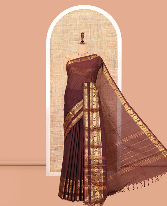 Coffee Brown Plain Chettinad Cotton Saree, a Traditional Zari Rettai Pettu Peacock Border, Striped Pallu, a Matching Blouse