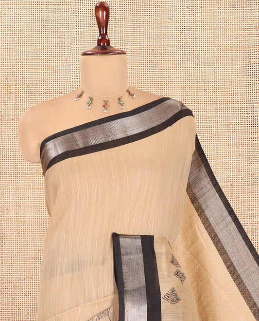 Chikku Jute Linen Saree, Embellished with Floral Print, a Contrast Zari Border, Geometric Printed Pallu, and a Contrast Blouse