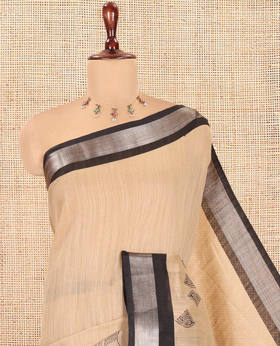 Chikku Jute Linen Saree, Embellished with Floral Print, a Contrast Zari Border, Geometric Printed Pallu, and a Contrast Blouse