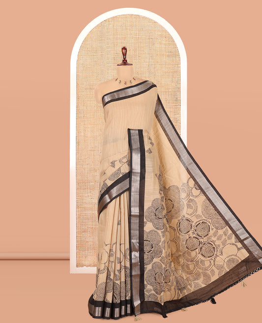 Chikku Jute Linen Saree, Embellished with Floral Print, a Contrast Zari Border, Geometric Printed Pallu, and a Contrast Blouse
