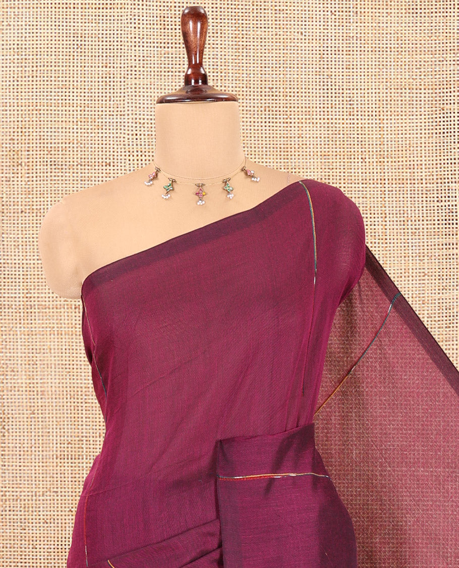 Borderless Magenta Khadi Mul Cotton, Subtly Woven with Multi-Color Stripes, a Self-Pallu and No Blouse