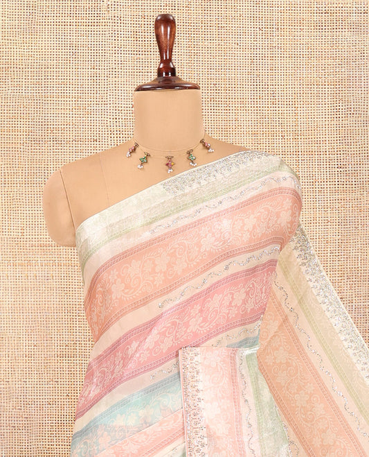 Peach Fendi Chiffon Saree, Enriched with Multi-Color Floral Stripes and Glitterwork, a Stonework Border, a Matching Blouse