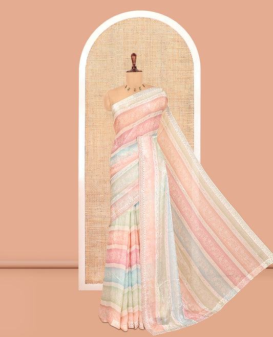 Peach Fendi Chiffon Saree, Enriched with Multi-Color Floral Stripes and Glitterwork, a Stonework Border, a Matching Blouse