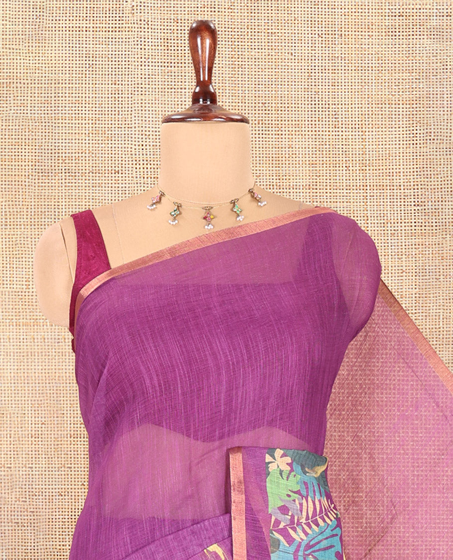 Purple Plain Linen Cotton Saree