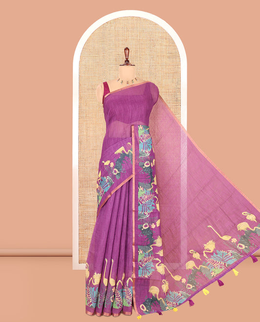 Purple Plain Linen Cotton Saree