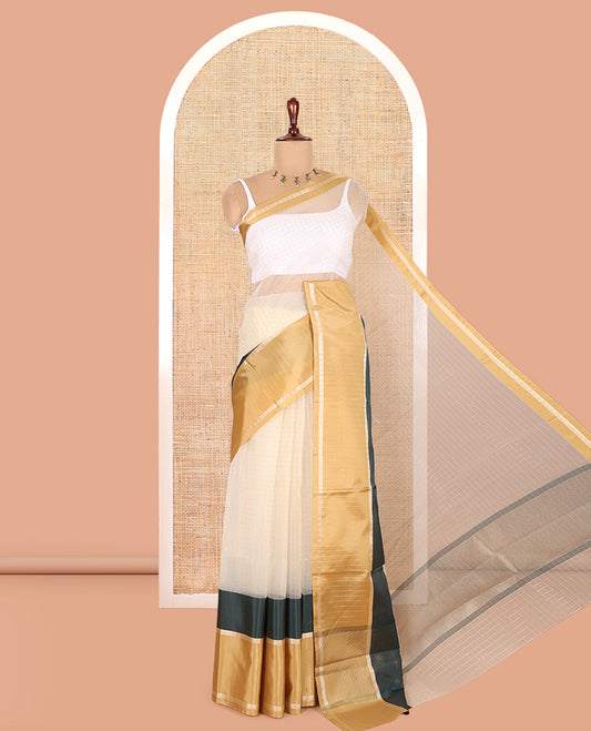 Cream-Green Semi-Organza Saree