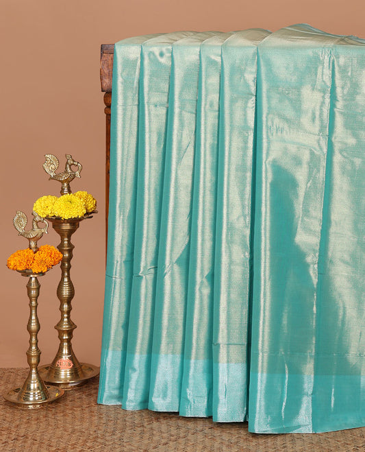 Rama blue plain tissue silk saree, silver zari bavanji border & contrast, gleaming golden color plain blouse