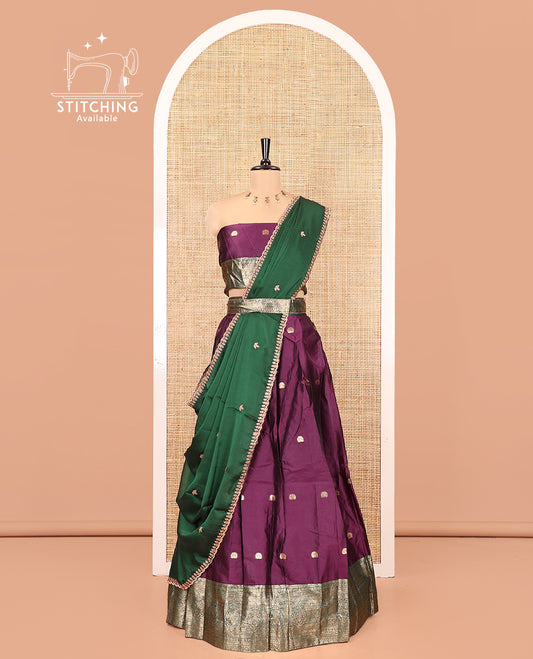 Purple-Green Semi-Banarasi Half-Saree Features Buttas Skirt, Contrast Traditional Border, Matching Blouse, and Embroidered Satin Georgette Dhavani