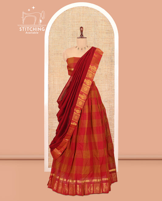 Brown-Maroon Chettinad Cotton Half-Saree