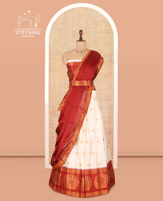 Cream-Maroon Semi-Silk Half-Saree