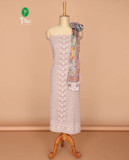 Light chocolate color  shifli , sequins work, floral design georgette chudidhar material top with american crepe pant & chinnon material diagital print, mirror work dupatta