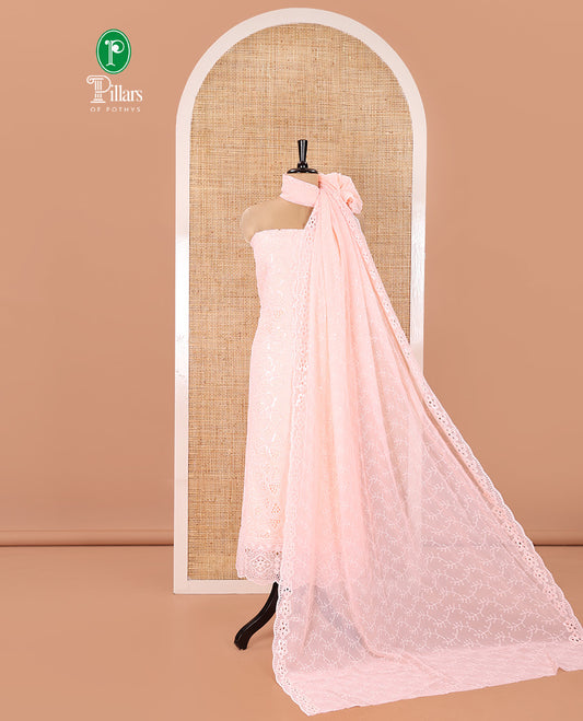 Peach Fox Georgette Material Chudidar Set, Adorned with Cut Work and Sequins Embroidered Top, a Plain American Crepe Bottom, and Comes with a  Embroidered Georgette Scallop Dupatta