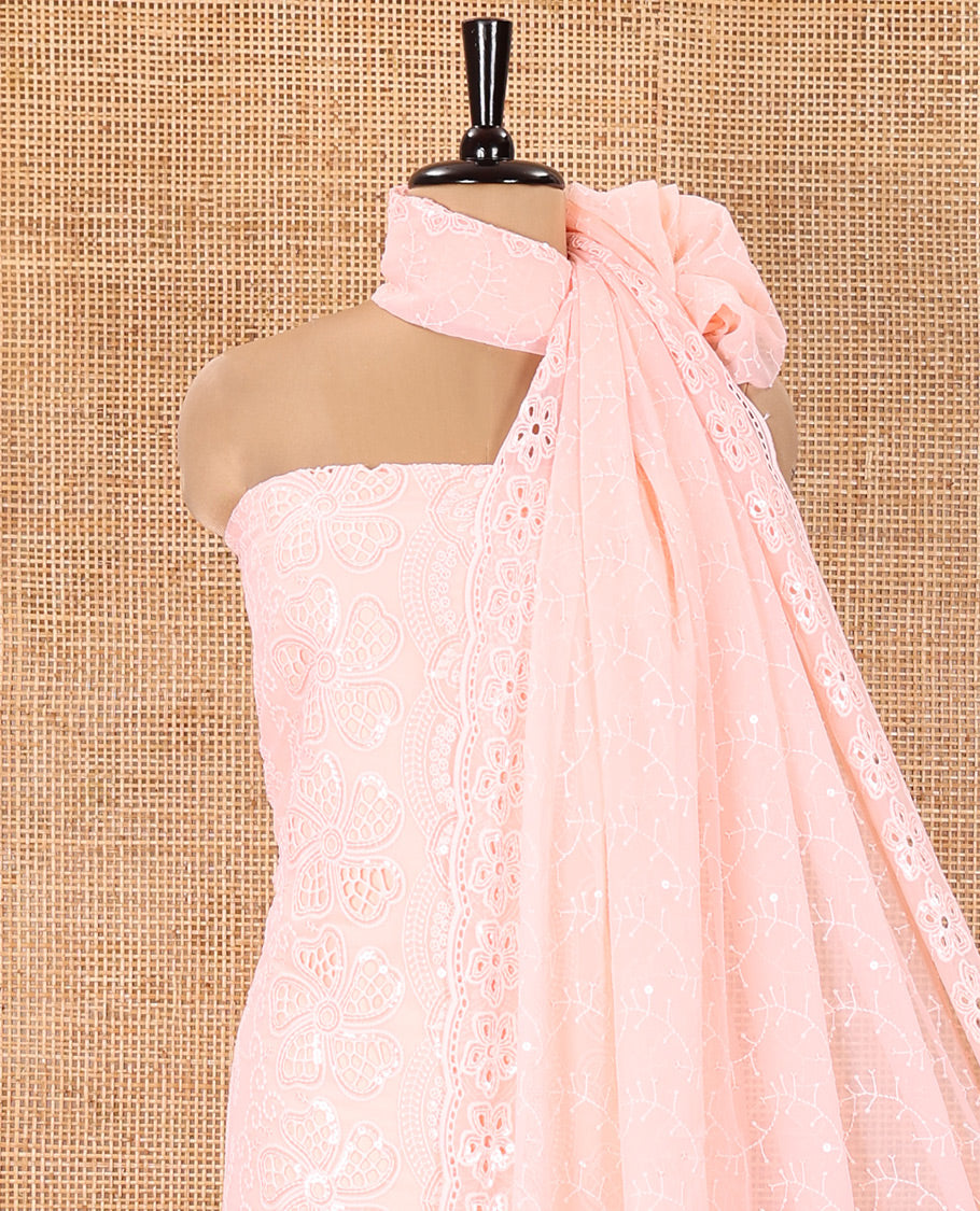 Peach Fox Georgette Material Chudidar Set, Adorned with Cut Work and Sequins Embroidered Top, a Plain American Crepe Bottom, and Comes with a  Embroidered Georgette Scallop Dupatta