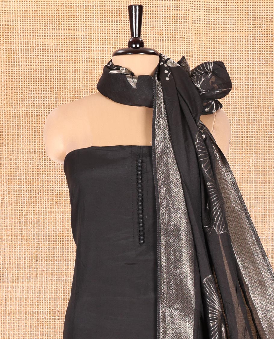 Black Semi-Silk Material Chudidar Set, Adorned with Pom-Pom Necklined Top, a Plain Santoon Bottom, and Paired Floral Zari Woven Semi-Silk Dupatta