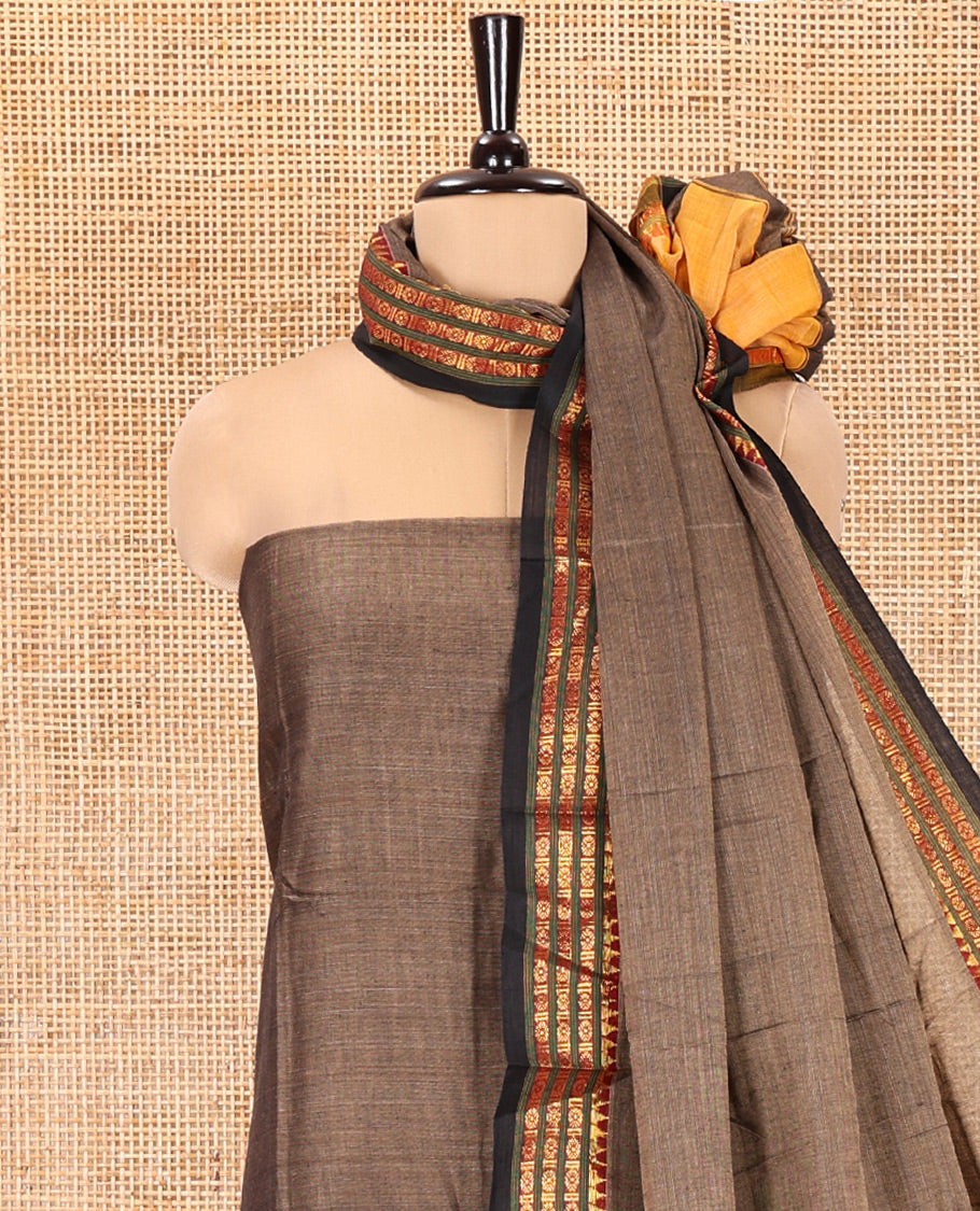Grey Mercerised Cotton Material Chudidar Set, Adorned with Rudraksham-Temple Bordered Top, a Mercerised Cotton Bottom, and Paired with a Matching Mercerised Cotton Rudraksham-Temple Bordered Dupatta