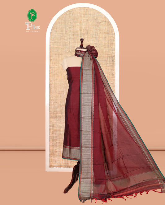 Maroon Mercerised Cotton Material Churidar Features Plain Top, Contrast Traditional Thread Border, Plain Bottom, Matching Dupatta