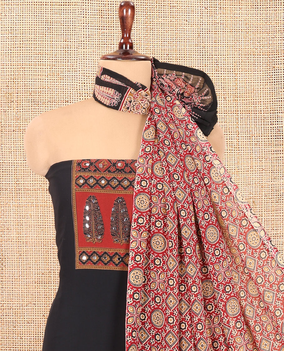 Black Georgette Material Churidar, Ajrakh Print and Mirror Work Top, a Matching Bottom, and Ajrakh Printed Dupatta