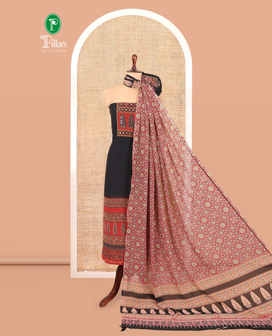 Black Georgette Material Churidar, Ajrakh Print and Mirror Work Top, a Matching Bottom, and Ajrakh Printed Dupatta