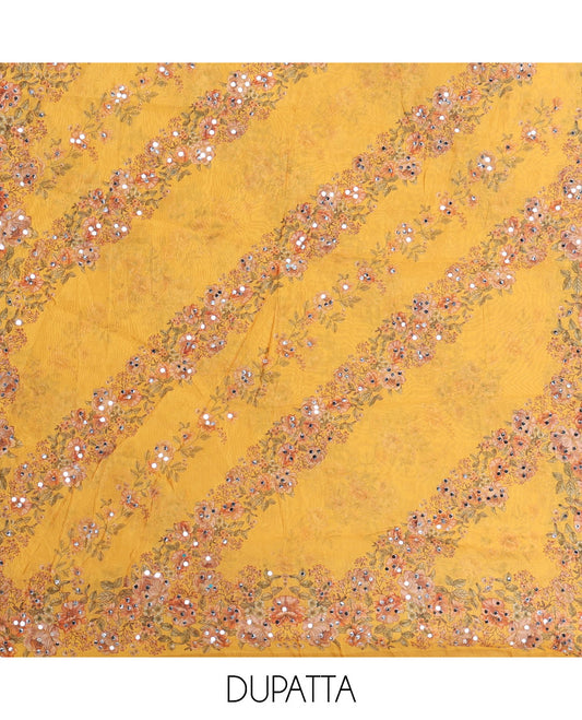 Lemon yellow floral print, stone, mirror work organza chudidhar material top with santoon material pant & floral print, mirror work dupatta