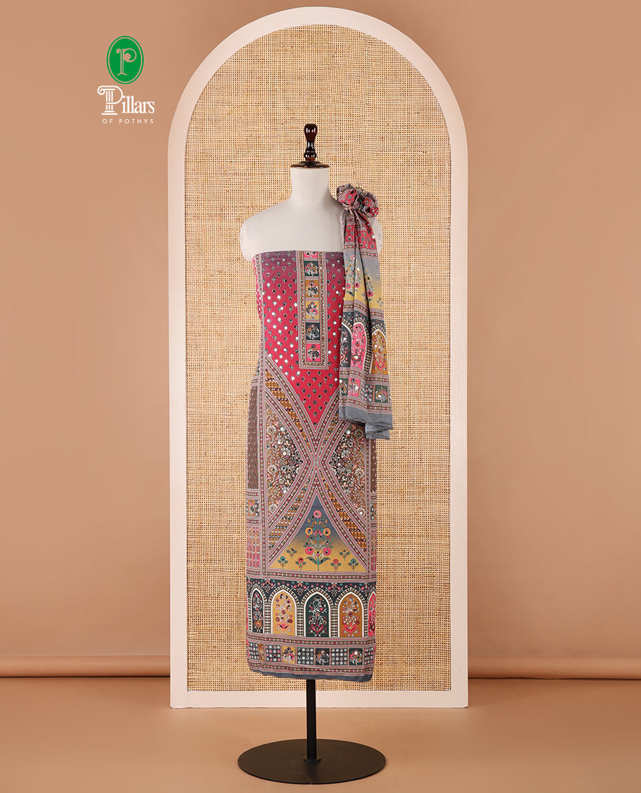 Grey chudidar material set, floral & geometric printed with mirror work crepe top, mughal-style floral printed & mirror work chinon dupatta & plain crepe bottom
