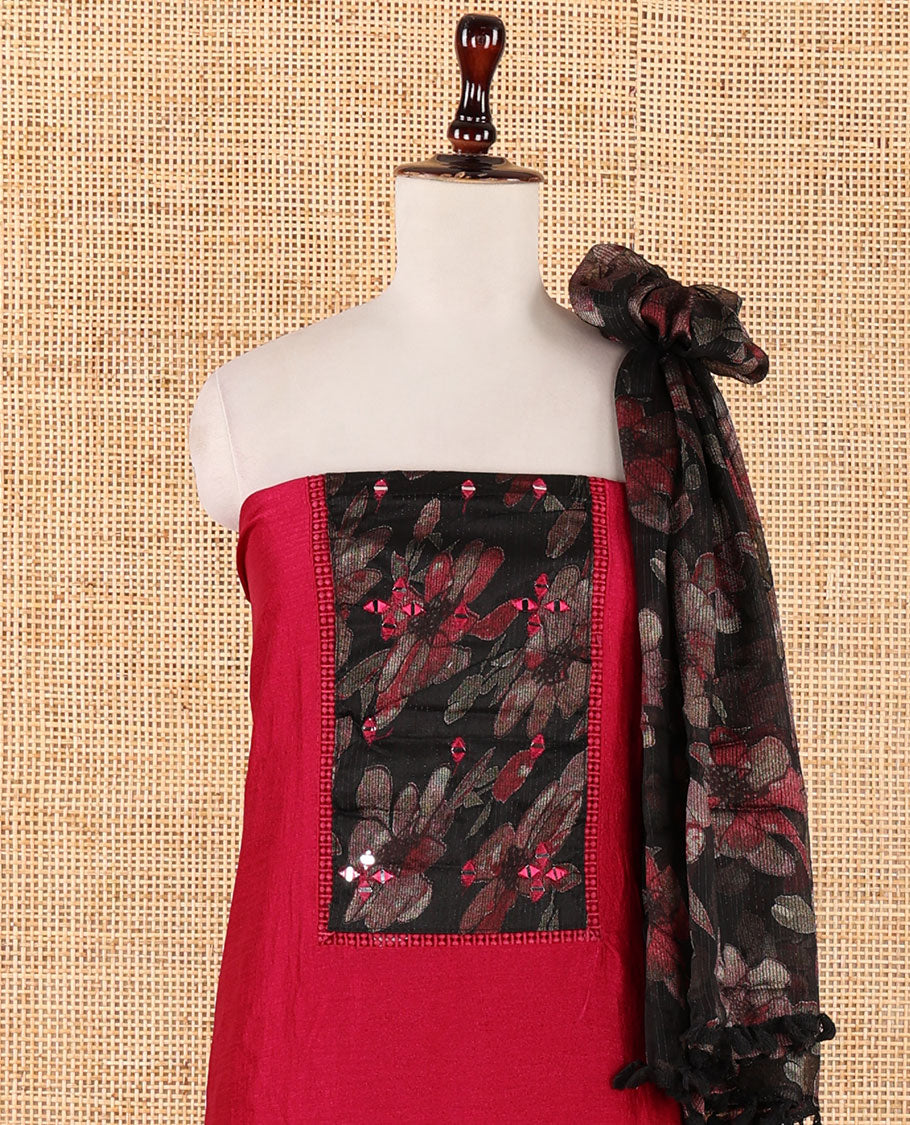 Purple material chudidar set,brasso floral print & mirror embroidery neck patch vichitra silk top,santoon bottom & brasso floral print georgette dupatta