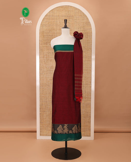 Maroon mercerised cotton material chudidar set, Madhubani-style bride-groom motif woven top, bottom & dupatta