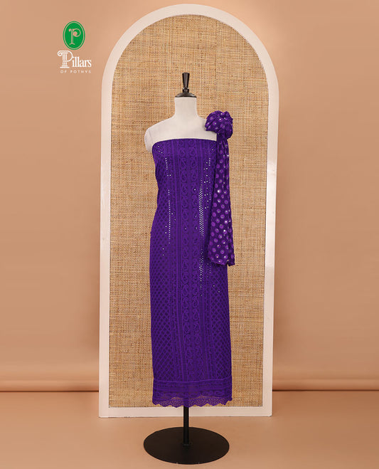Violet material chudidar set,  floral, paisley & geometric schiffli embroidered georgette top & orginal mirror embroidered georgette dupatta