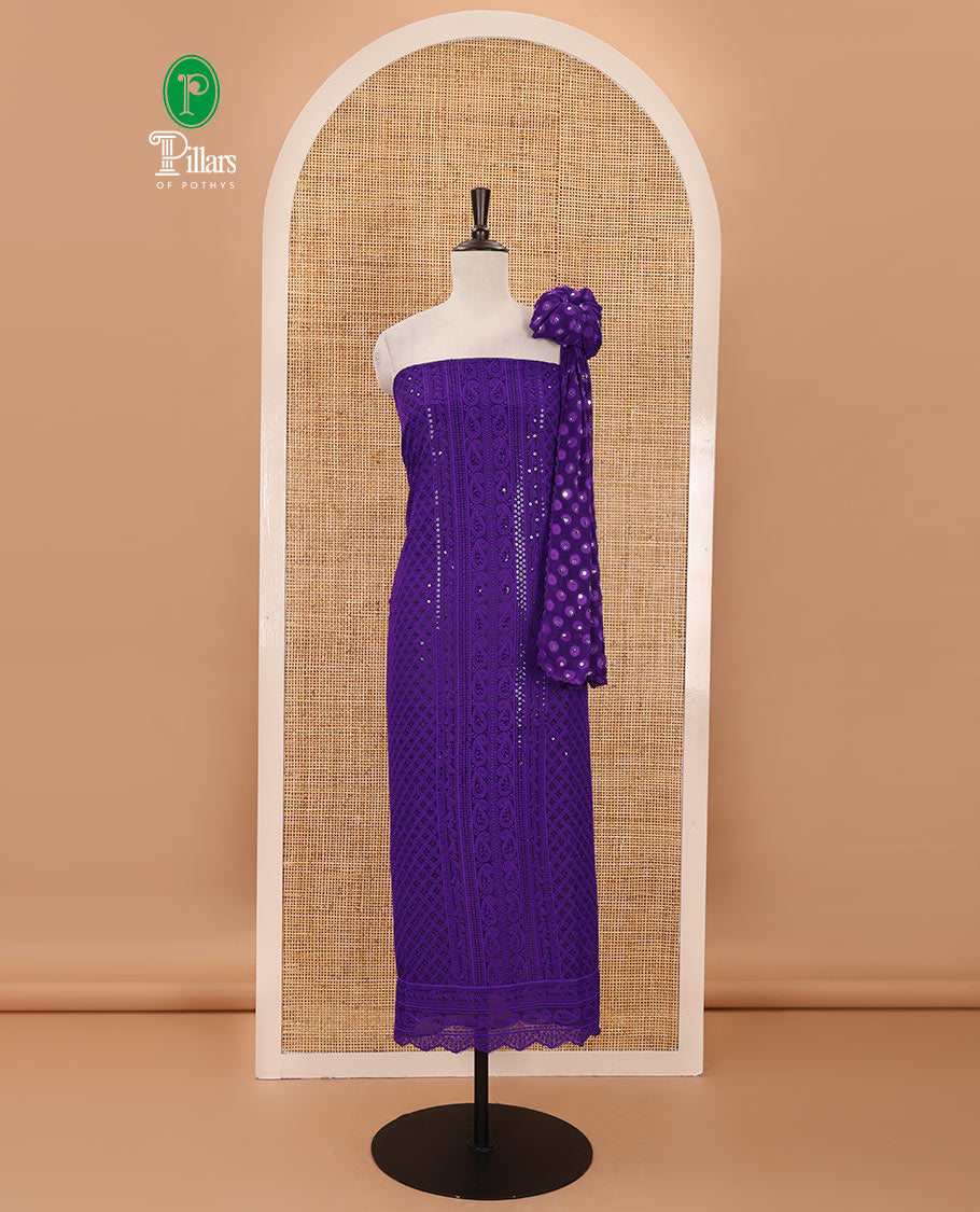Violet material chudidar set,  floral, paisley & geometric schiffli embroidered georgette top & orginal mirror embroidered georgette dupatta