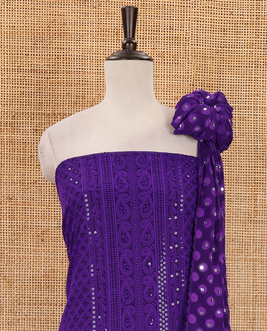 Violet material chudidar set,  floral, paisley & geometric schiffli embroidered georgette top & orginal mirror embroidered georgette dupatta