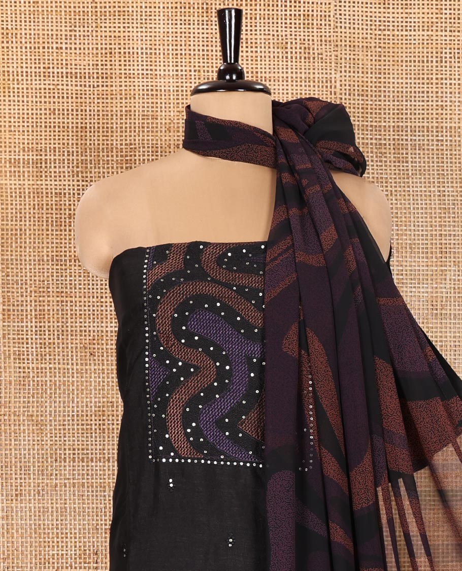 Black and Purple Material Chudidhar Set Elevated with Patch Neck and Sequins Embroidered Vichitra Silk Top, Plain Santoon Bottom, and Vichitra Silk Abstract Printed Dupatta
