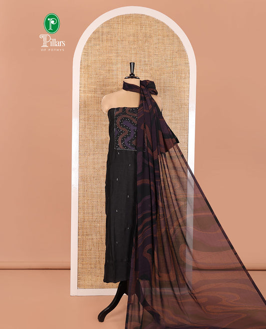 Black and Purple Material Chudidhar Set Elevated with Patch Neck and Sequins Embroidered Vichitra Silk Top, Plain Santoon Bottom, and Vichitra Silk Abstract Printed Dupatta