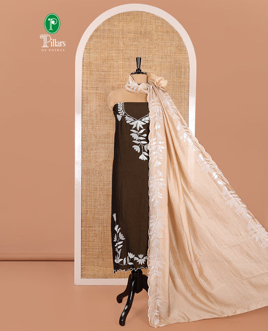 Dark Olive Green Material Churidar Set, Detailed with Floral Motifs Sequins-Thread Embroidered on Its Vichitra Silk Top, Comes with a Contrast Santoon Bottom, and Paired with a Vichitra Silk Floral Embroidered Scallop Dupatta