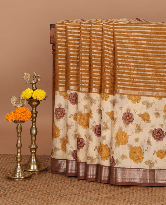 Mustard stripes & floral print chanderi Cotton saree with rudraksh mayil kann border & contrast chick pallu along with contrast blouse
