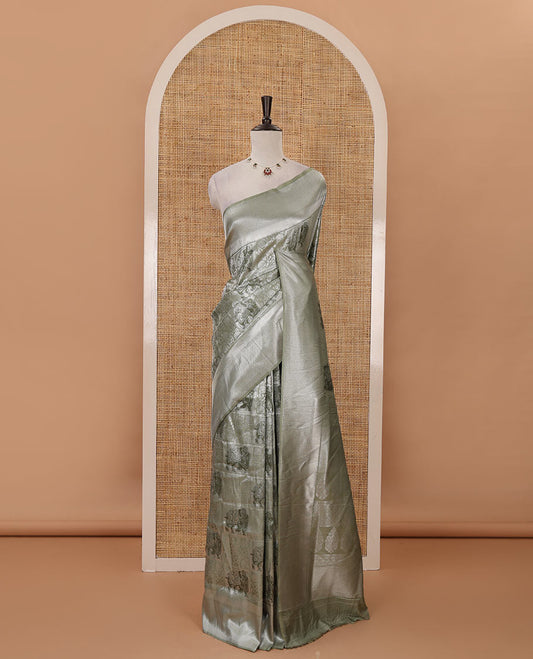 Green floral & elephant jacquard softy saree, diamond design zari border, intricate pallu & matching jacquard blouse