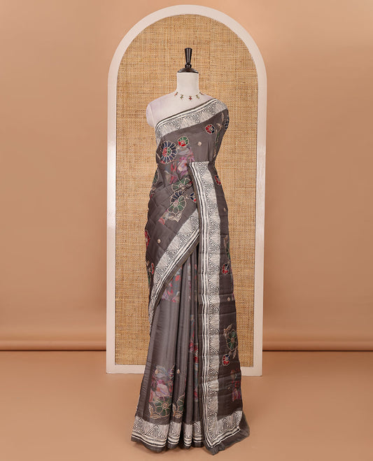 Mauve brown floral print & multi-color floral thread embroidered fancy tussar silk saree, triangle motif print & embroidered border & matching blouse of print & embroidery